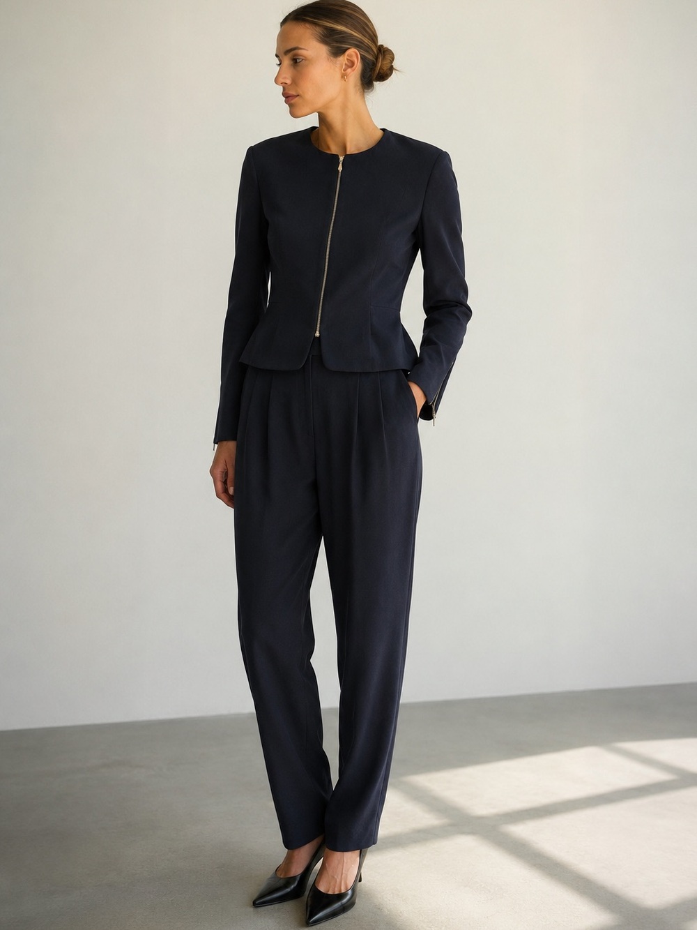 Vintage 90s Pat Argenti 100% Silk Navy Peplum Pantsuit Set Size 8